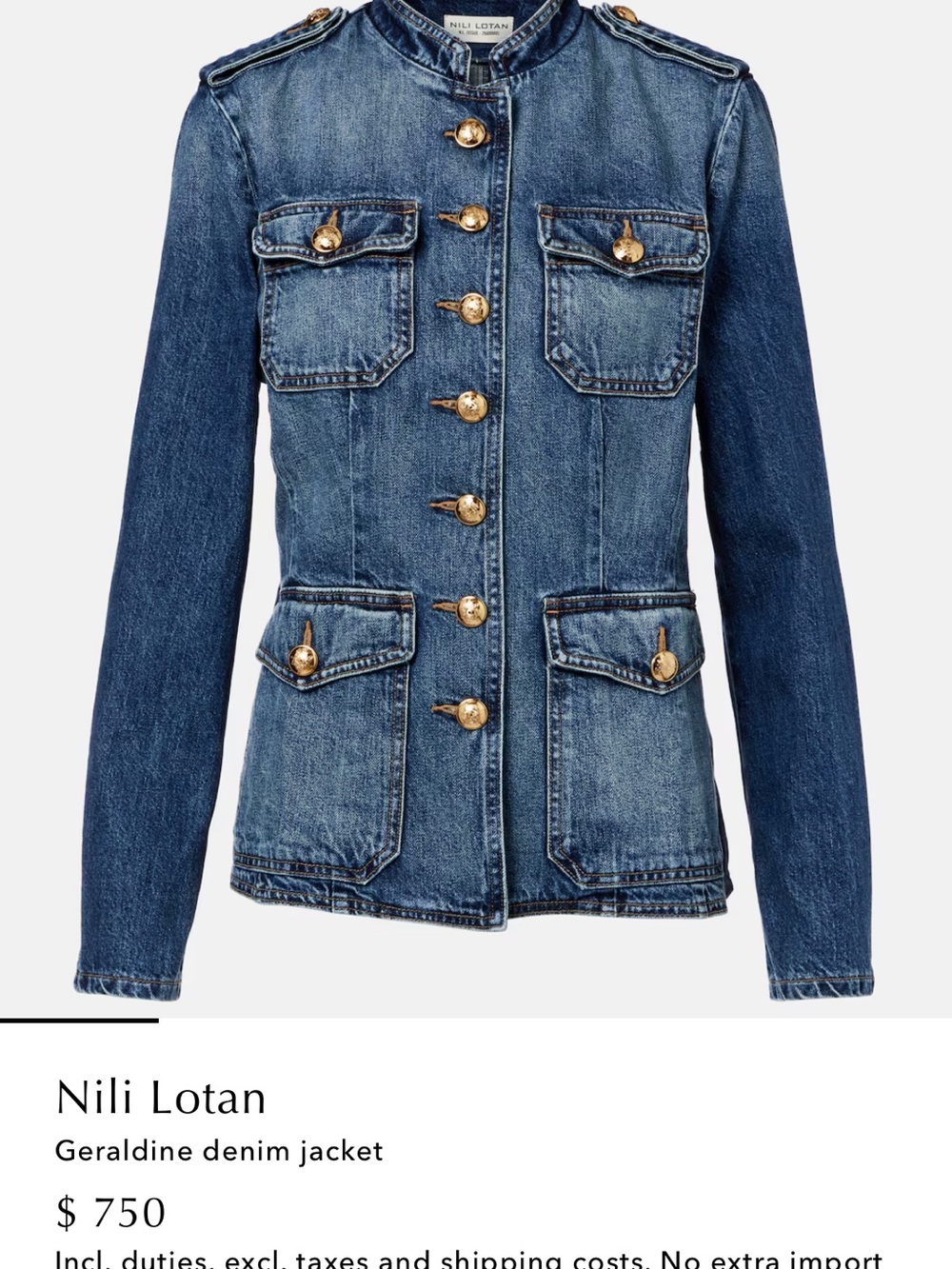 Nili Lotan Military-Style Denim Jacket in Blue with Gold Buttons